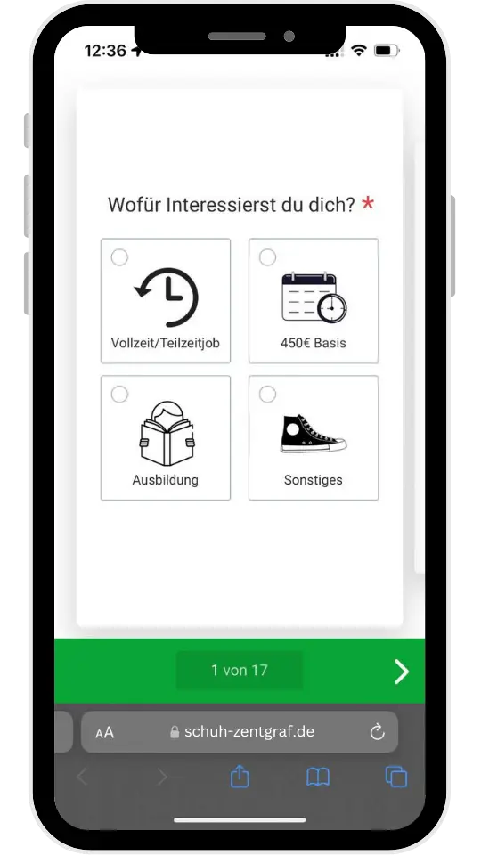 Das Bewerbungsformular von Schuhhaus Zentgraf auf einem Smartphone