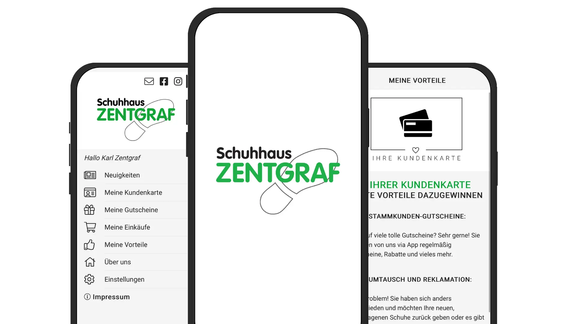 Die Schuhhaus-Zentgraf-App auf drei Smartphones