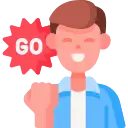 Lächelnder junger Mann mit geballter Faust und GO-Badge – Motivation, Start, Erfolg, Handlungsaufforderung